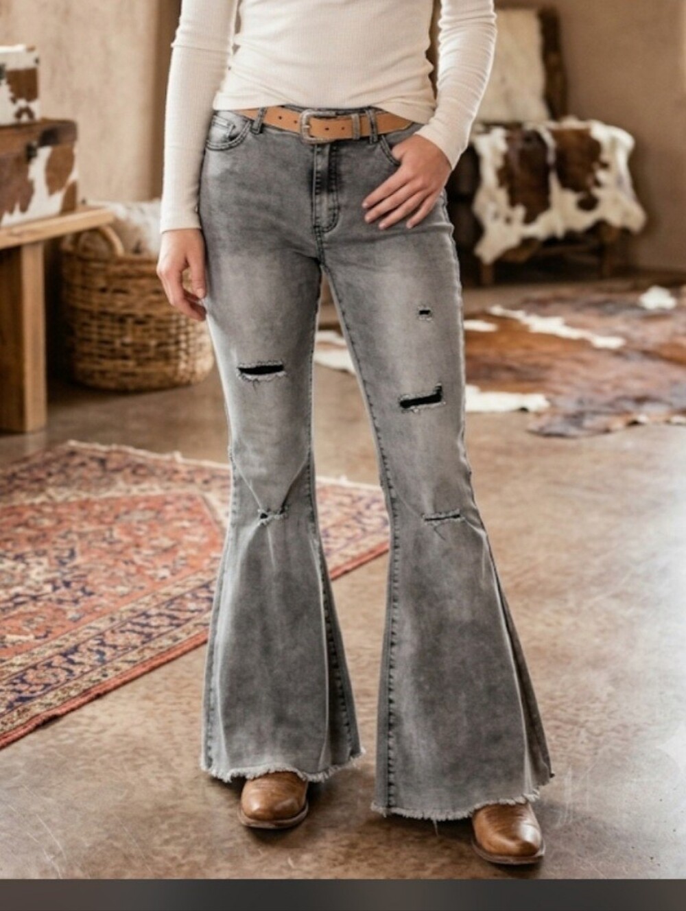L&B Grey High Waist Distressed Flare Jeans Size 12 Western Boho